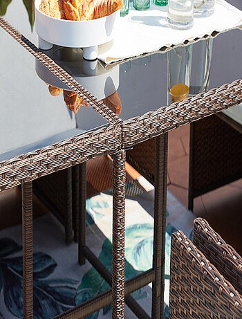 MIAMI 12 - Salon de jardin encastrable 12 places fauteuils et poufs en résine tressée noir et blanc