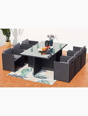 MIAMI 6 - Salon de jardin encastrable 6 places en résine tressée aspect rotin noir et gris