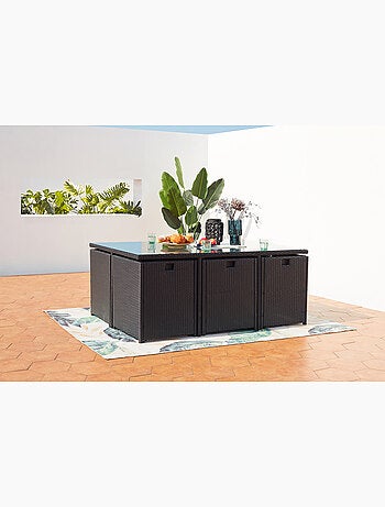 MIAMI 6 - Salon de jardin encastrable 6 places en résine tressée aspect rotin noir et gris