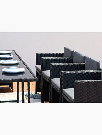 MIAMI 6 - Salon de jardin encastrable 6 places en résine tressée aspect rotin noir et gris