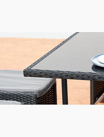 MIAMI 6 - Salon de jardin encastrable 6 places en résine tressée aspect rotin noir et gris