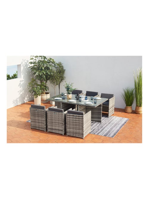 Miami 6 gris : Ensemble 6 personnes en résine tressée de plusieurs nuances de gris poly rotin - Kiabi