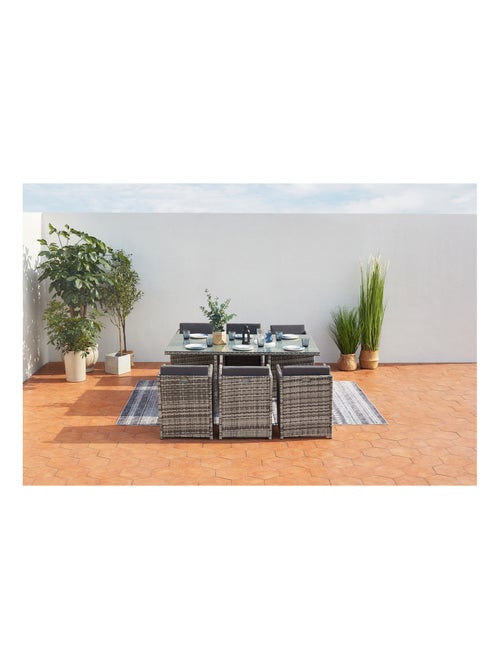 Miami 6 gris : Ensemble 6 personnes en résine tressée de plusieurs nuances de gris poly rotin - Kiabi