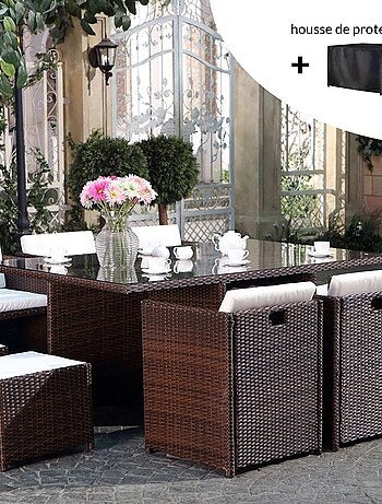MIAMI MIAMI - Salon de jardin 10 places marron-blanc + housse de protection