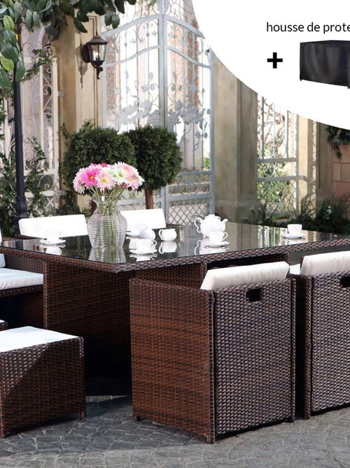 MIAMI Salon de jardin 10 places marron-blanc + housse de protection - Kiabi