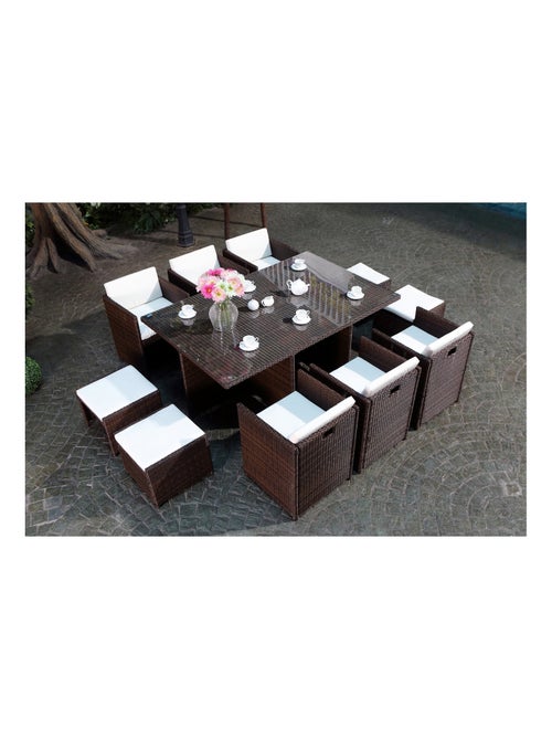 MIAMI Salon de jardin 10 places marron-blanc + housse de protection - Kiabi