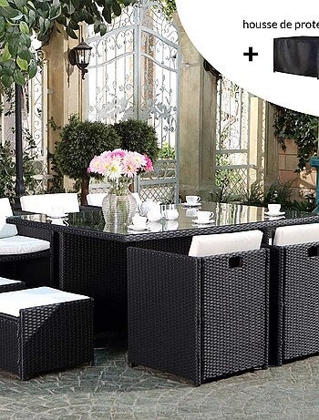 MIAMI Salon de jardin 10 places noir-blanc + housse de protection