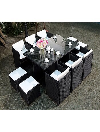 MIAMI Salon de jardin 10 places noir-blanc + housse de protection