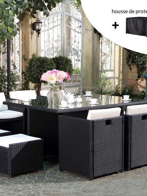 MIAMI Salon de jardin 10 places noir-blanc + housse de protection - Kiabi