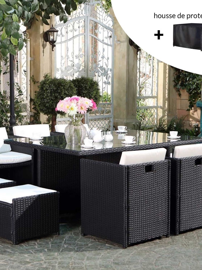 MIAMI Salon de jardin 10 places noir-blanc + housse de protection Noir Blanc - Kiabi