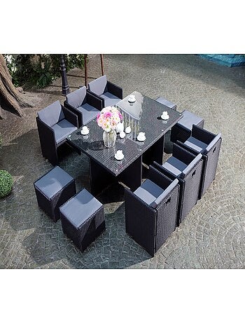 MIAMI Salon de jardin 10 places noir-blanc + housse de protection