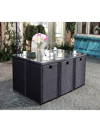 MIAMI Salon de jardin 10 places noir-blanc + housse de protection