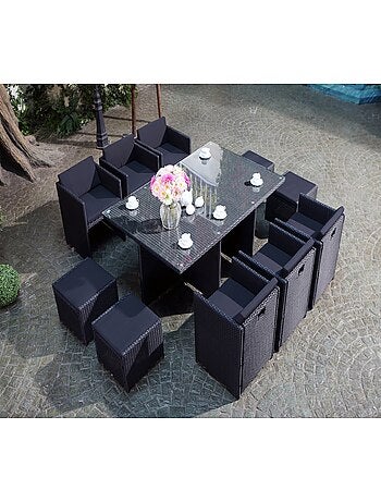 MIAMI Salon de jardin 10 places noir-blanc + housse de protection