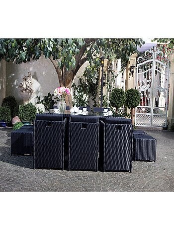 MIAMI Salon de jardin 10 places noir-blanc + housse de protection