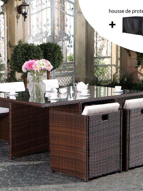 MIAMI Salon de jardin 6 places marron-blanc + housse de protection - Kiabi