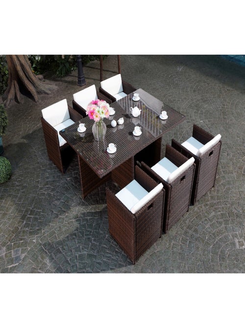 MIAMI Salon de jardin 6 places marron-blanc + housse de protection - Kiabi