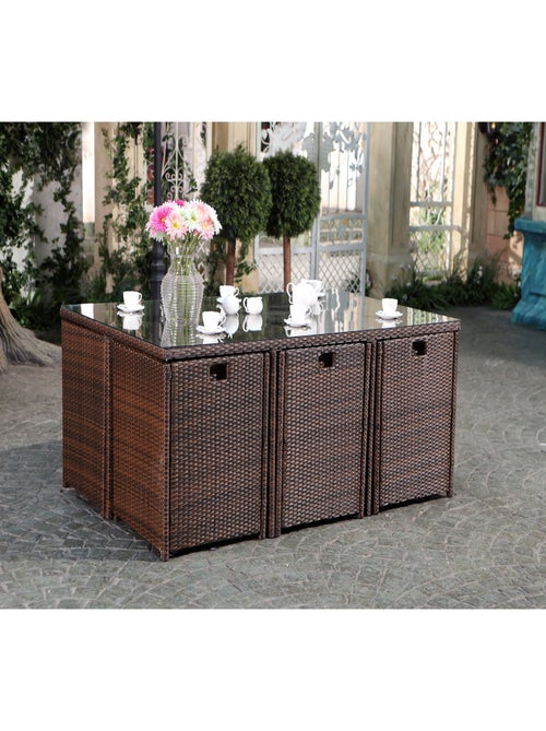 MIAMI Salon de jardin 6 places marron-blanc + housse de protection - Kiabi