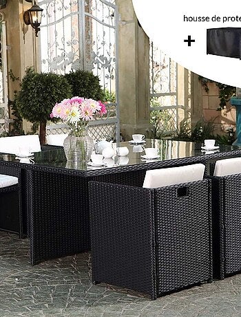 MIAMI Salon de jardin 6 places noir-noir + housse de protection