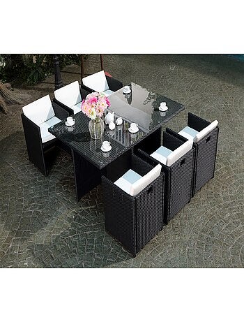 MIAMI Salon de jardin 6 places noir-noir + housse de protection