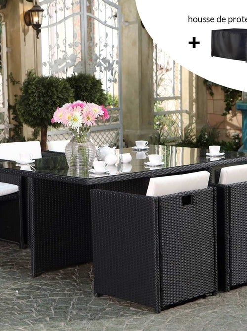 MIAMI Salon de jardin 6 places noir-blanc + housse de protection - Kiabi