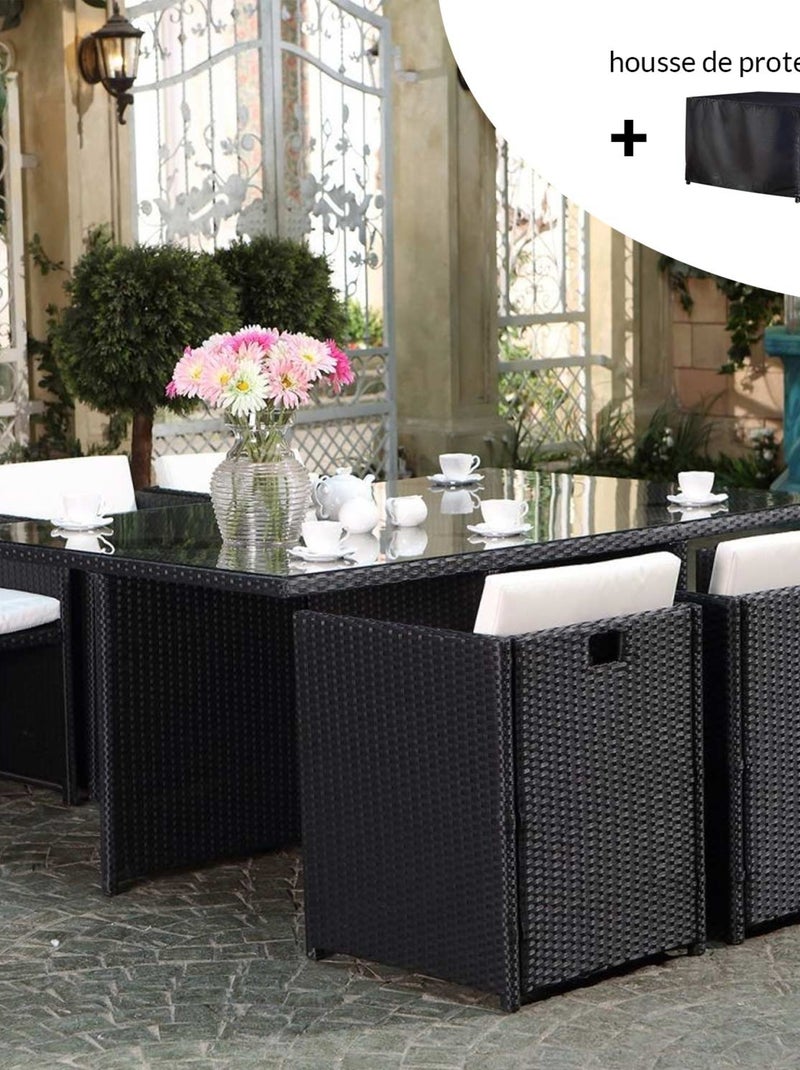 MIAMI Salon de jardin 6 places noir-blanc + housse de protection Noir Blanc - Kiabi