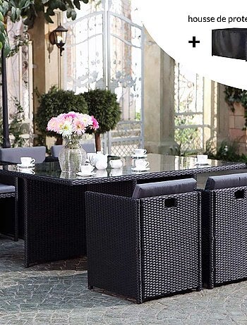 MIAMI Salon de jardin 6 places noir-noir + housse de protection