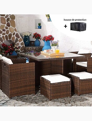 MIAMI Salon de jardin 8 places noir-blanc + housse de protection