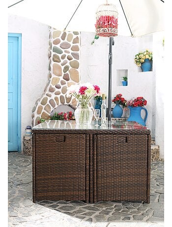 MIAMI Salon de jardin 8 places noir-blanc + housse de protection