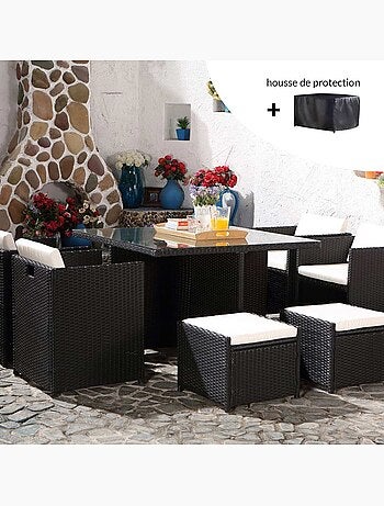 MIAMI Salon de jardin 8 places noir-blanc + housse de protection