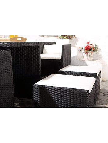 MIAMI Salon de jardin 8 places noir-blanc + housse de protection