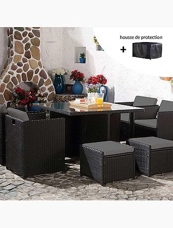 MIAMI Salon de jardin 8 places noir-blanc + housse de protection