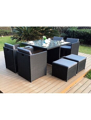 MIAMI Salon de jardin 8 places noir-blanc + housse de protection
