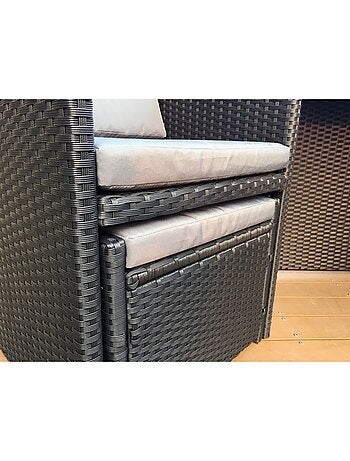 MIAMI Salon de jardin 8 places noir-blanc + housse de protection