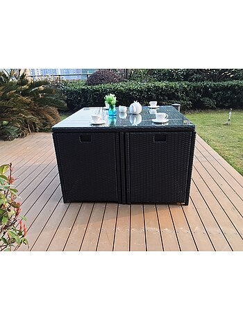 MIAMI Salon de jardin 8 places noir-blanc + housse de protection