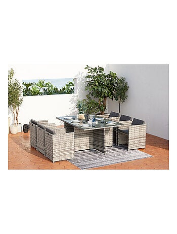 MIAMI Salon de jardin encastrable 6 personnes en résine tressée gris