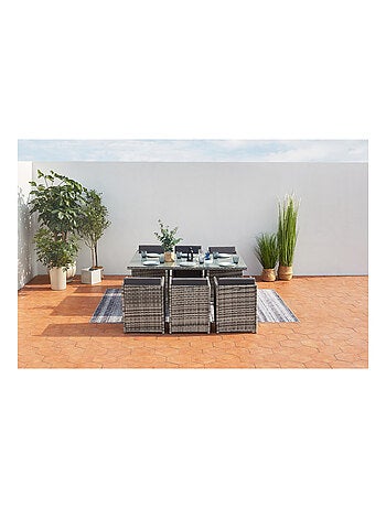 MIAMI Salon de jardin encastrable 6 personnes en résine tressée gris