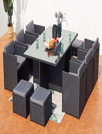 MIAMI Table et chaises 10 places encastrables en résine noir-noir