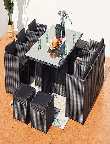 MIAMI Table et chaises 10 places encastrables en résine noir-noir