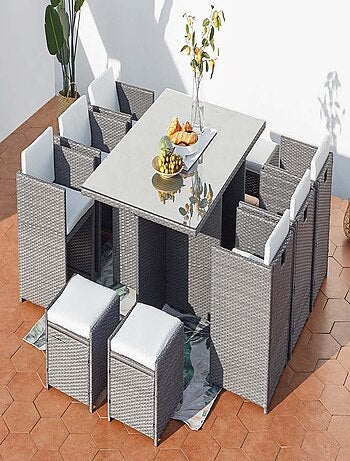 MIAMI Table et chaises 10 places encastrables résine gris-blanc