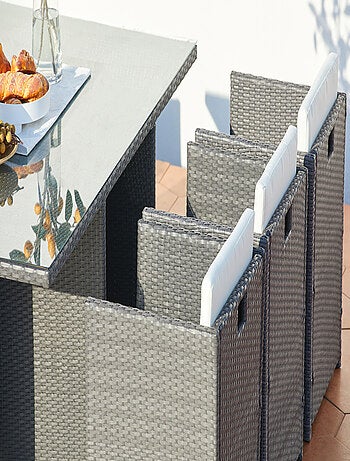 MIAMI Table et chaises 10 places encastrables résine gris-blanc