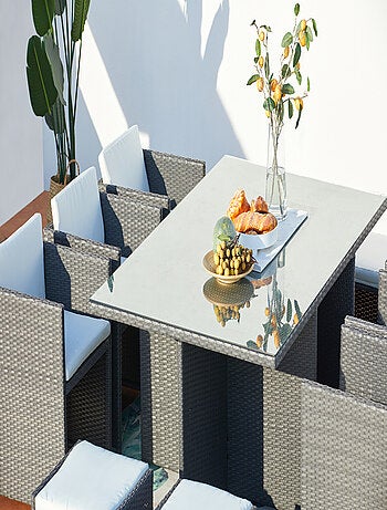 MIAMI Table et chaises 10 places encastrables résine gris-blanc