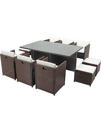 MIAMI Table et chaises 10 places encastrables résine marron-blanc