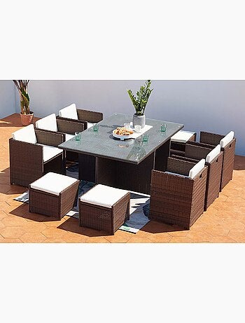 MIAMI Table et chaises 10 places encastrables résine marron-blanc