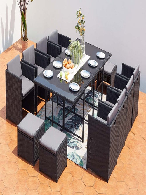 MIAMI Table et chaises 12 places encastrables en résine noir-gris - Kiabi