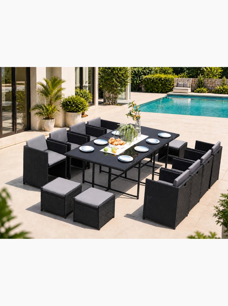 MIAMI Table et chaises 12 places encastrables en résine noir-gris Gris Noir - Kiabi