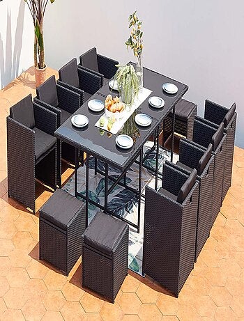 MIAMI Table et chaises 12 places encastrables résine noir-blanc