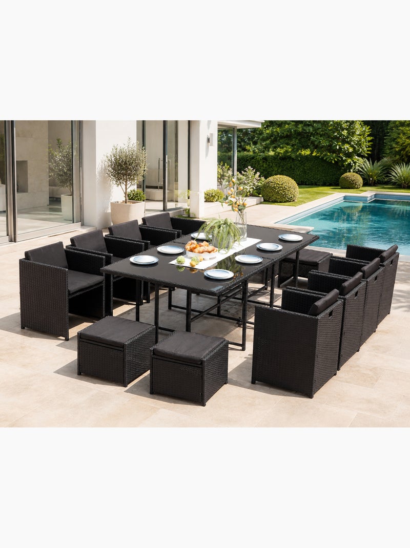 MIAMI Table et chaises 12 places encastrables en résine noir-noir Noir - Kiabi