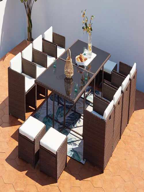 MIAMI Table et chaises 12 places encastrables résine marron-blanc - Kiabi