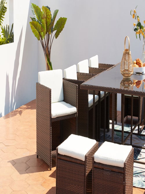 MIAMI Table et chaises 12 places encastrables résine marron-blanc - Kiabi