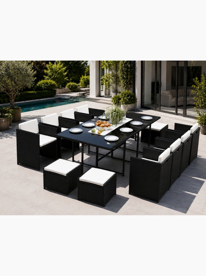 MIAMI Table et chaises 12 places encastrables résine noir-blanc Noir Blanc - Kiabi
